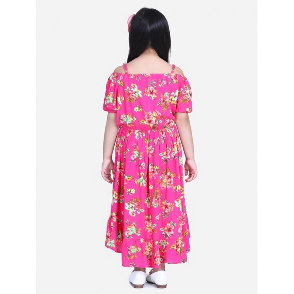 Girl's Rayon Solid Short Sleeve Shoulder Straps Dress (Pink)