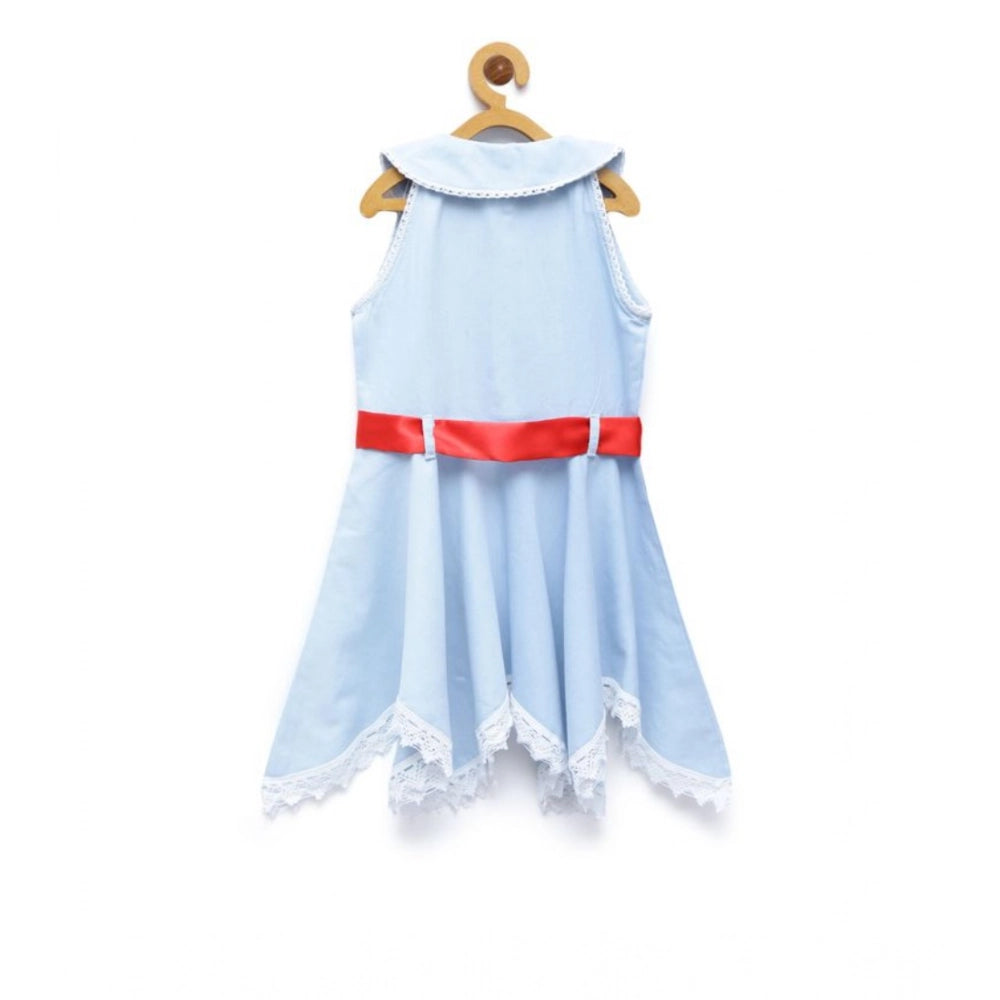 Girl's Denim Lace Solid Sleeveless Shirt collar Dress (Light Blue)