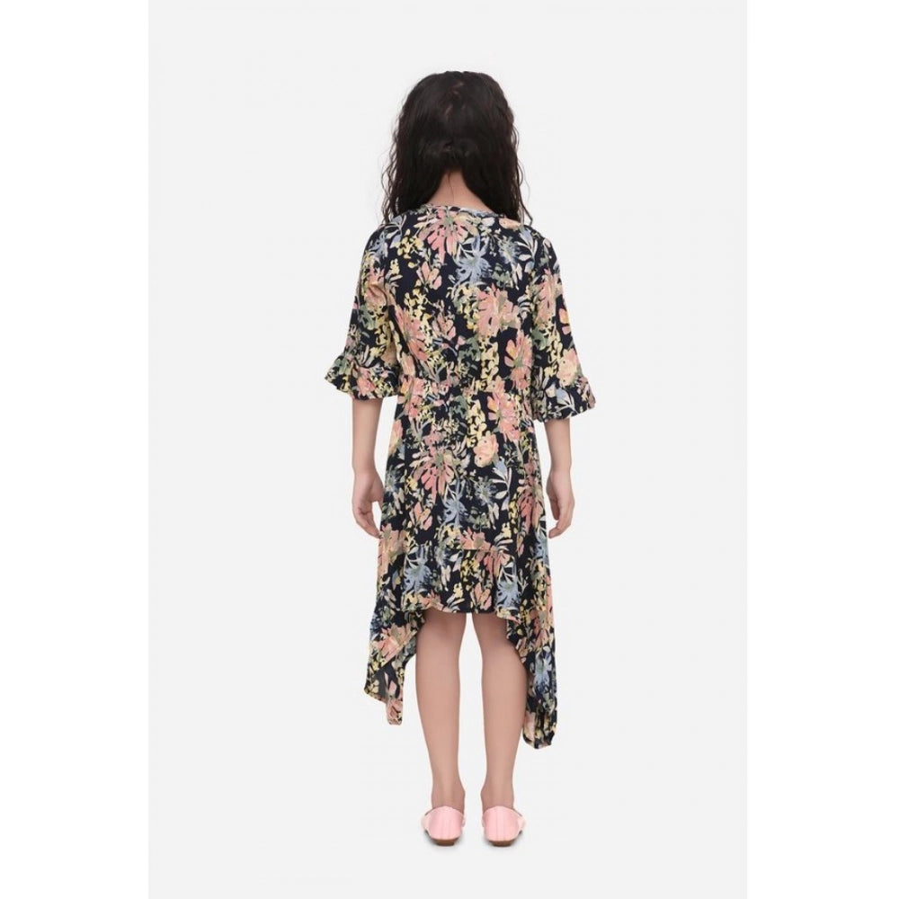 Girl's Rayon Striped Bell Sleeve Round Neck Dress (Multicolor)