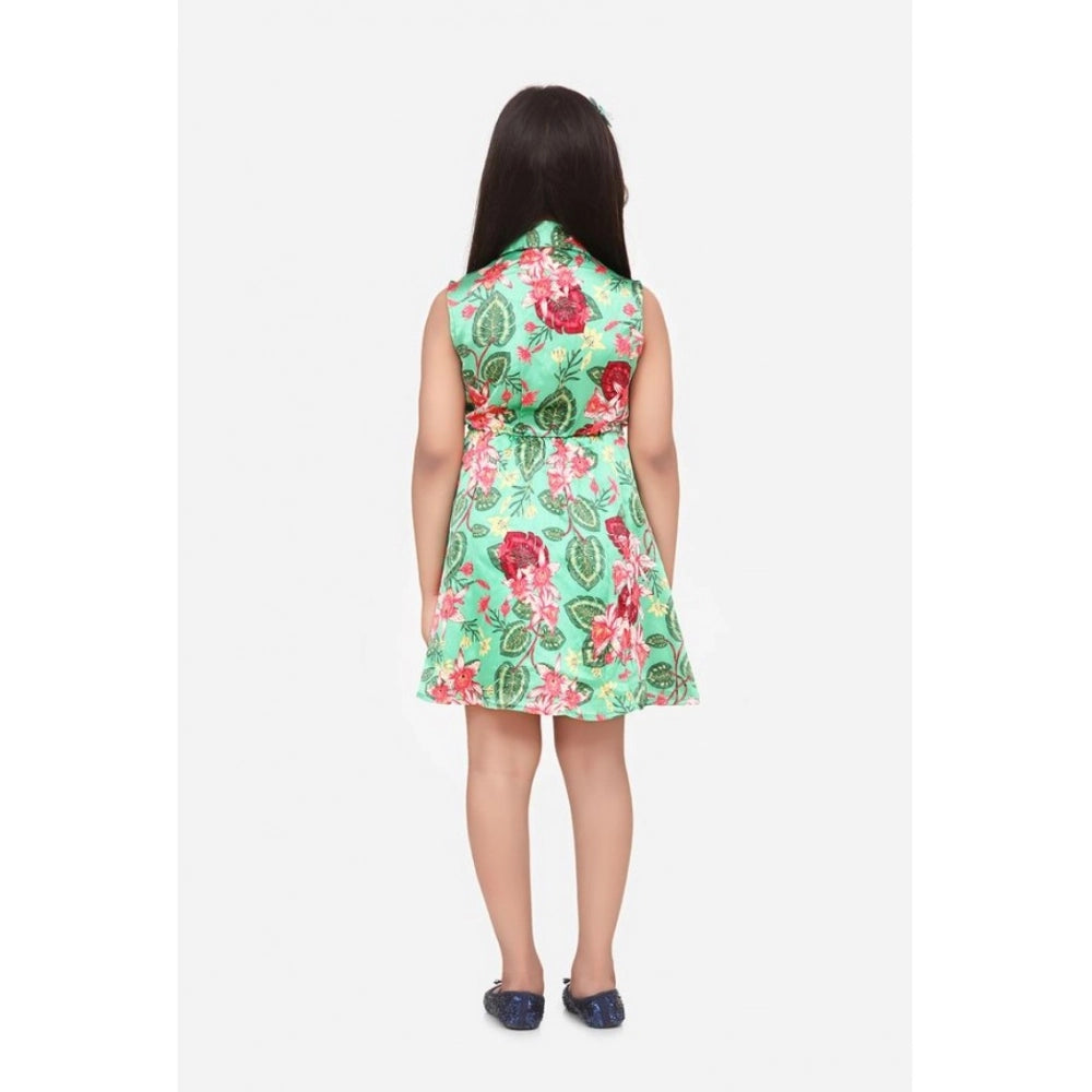 Girl's Satin Floral Printed Sleeveless Shirt Collar Dress (Multicolor)