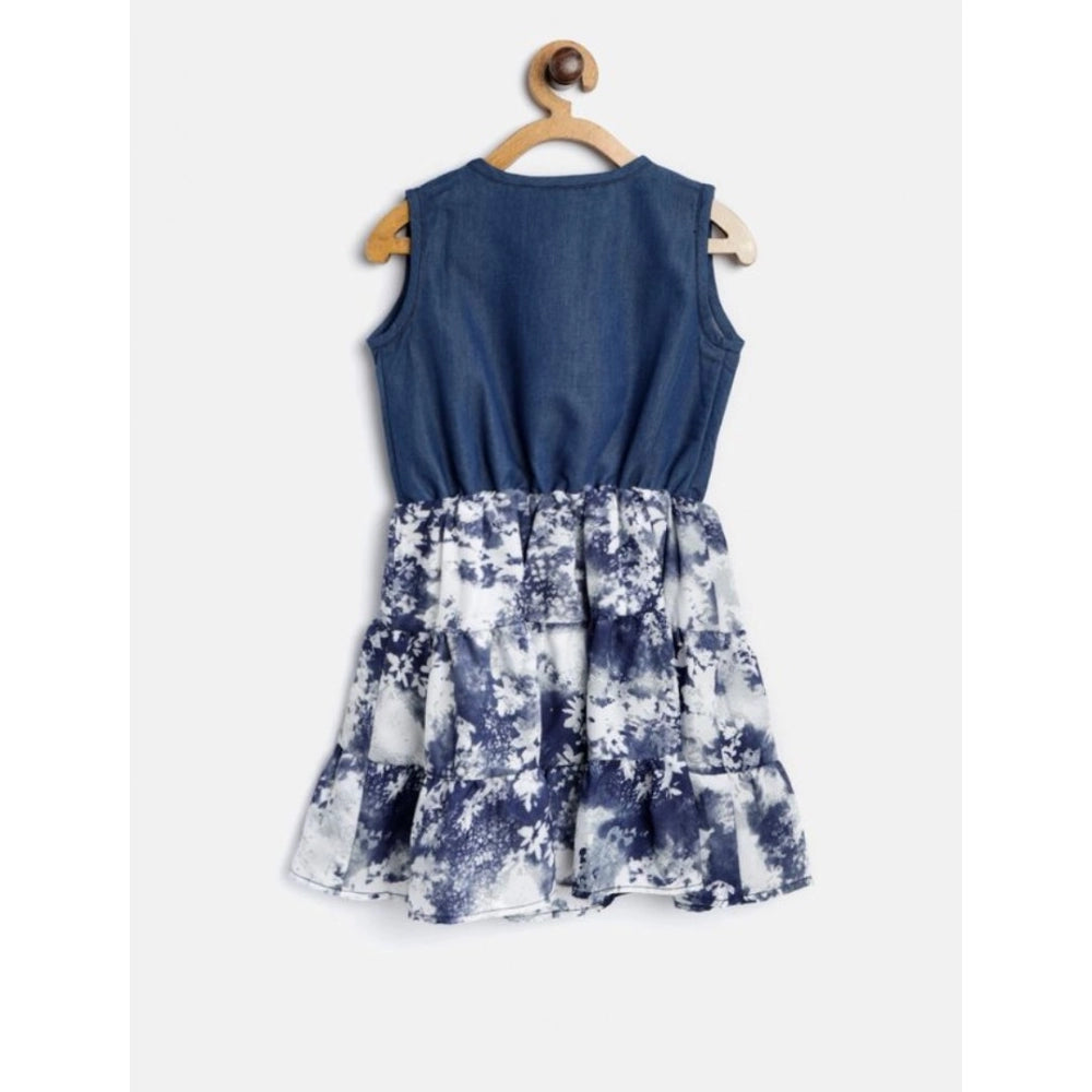 Girl's Denim-Polyester Crepe Solid Sleeveless Round Neck Dress (Blue-White)