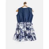 Girl's Denim-Polyester Crepe Solid Sleeveless Round Neck Dress (Blue-White)