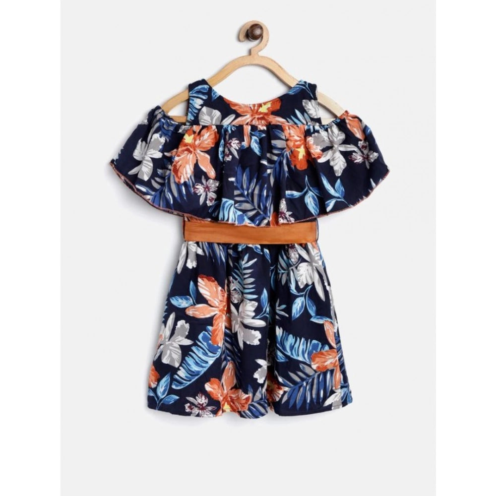 Girl's Polyester Crepe Floral Printed Bell Sleeve Cold Shoulder Neck Dress (Multicolor)