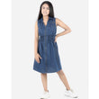 Girl's Denim Solid Sleeveless Shirt collar Dress (Blue)