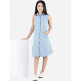 Girl's Denim Solid Sleeveless Shirt collar Dress (Blue)
