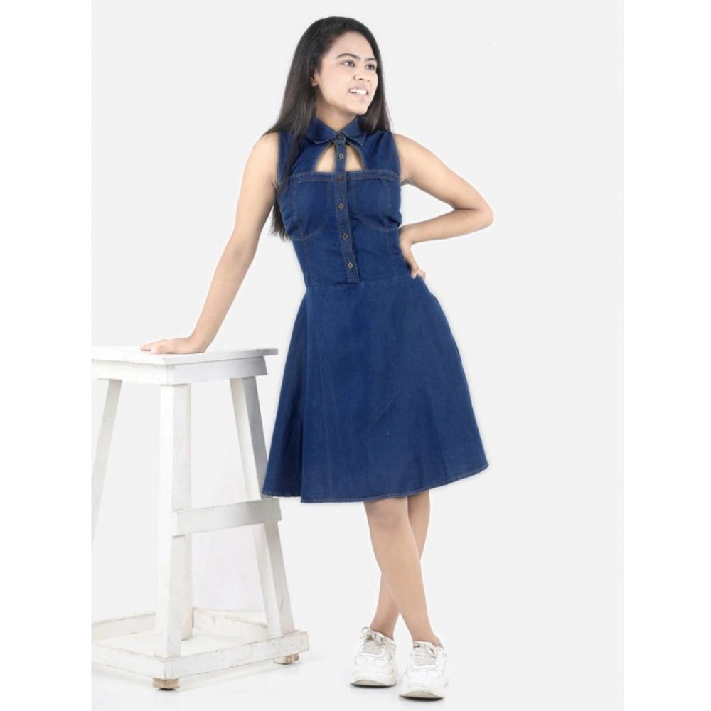 Girl's Denim Solid Sleeveless Shirt collar Dress (Blue)