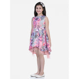 Girl's Polyester Crepe  Net Printed Sleeveless Round Neck Dress (Pink-Blue)