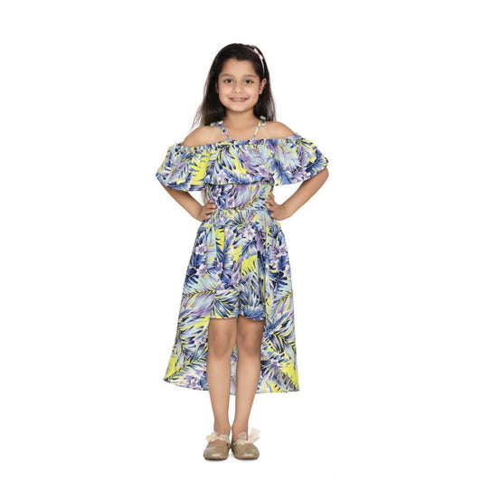 Girl's Polyester Moss Printed Off Shoulder Straps Dress (Blue)