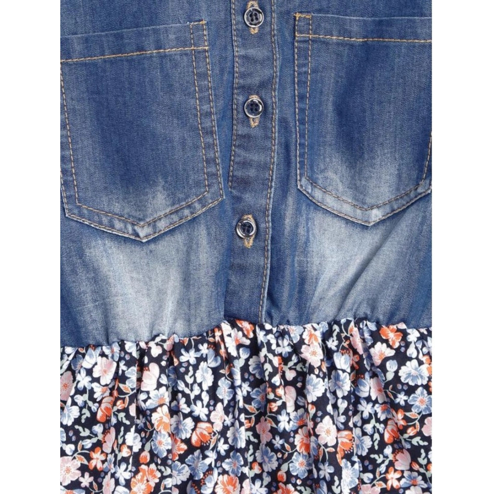 Girl's Denim-Cotton Striped Flutter Shirt Collar Dress (Multicolor)