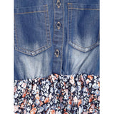 Girl's Denim-Cotton Striped Flutter Shirt Collar Dress (Multicolor)