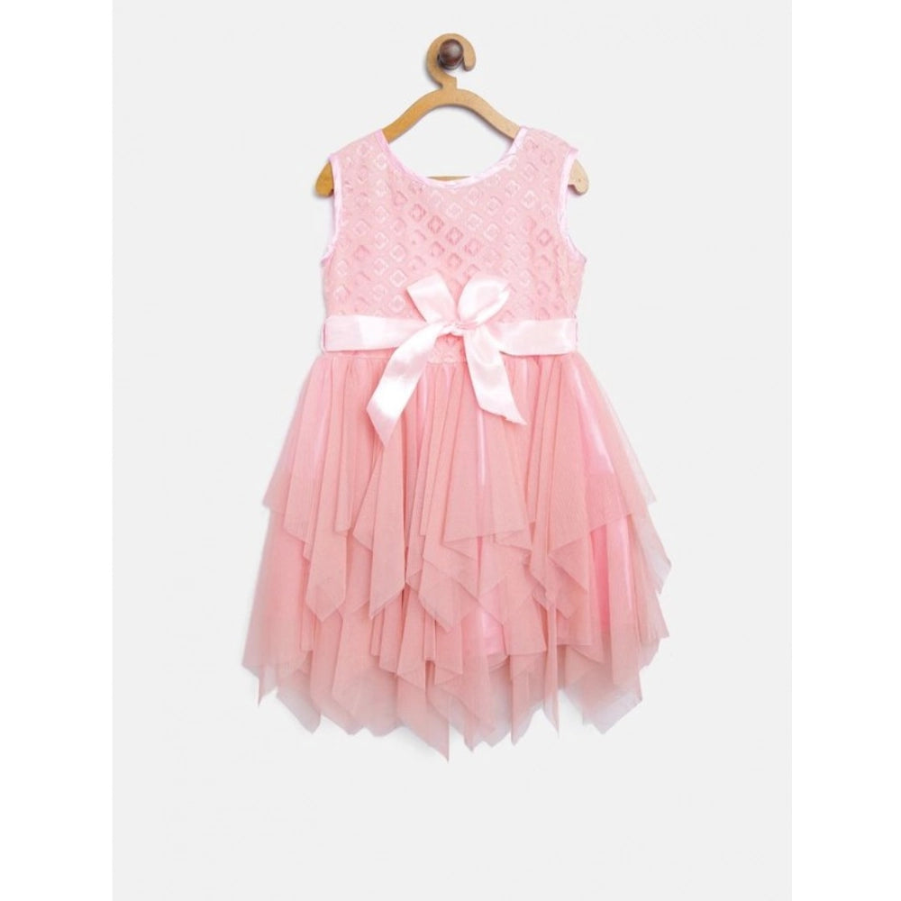 Girl's Polyester  Net Embroidered Sleeveless Round Neck Dress (Peach)