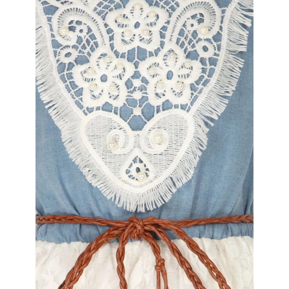 Girl's Denim Embroidery Short Sleeve Round Neck Dress (White)