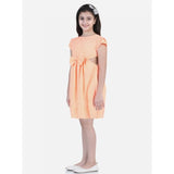 Girl's Polyester Crepe Checkered Short Sleeve Round Neck Dress (Orange)