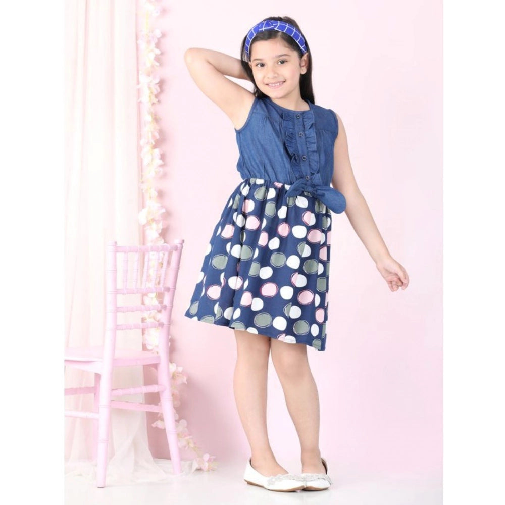 Girl's Denim  Rayon Printed Sleeveless Round Neck Dress (Blue)