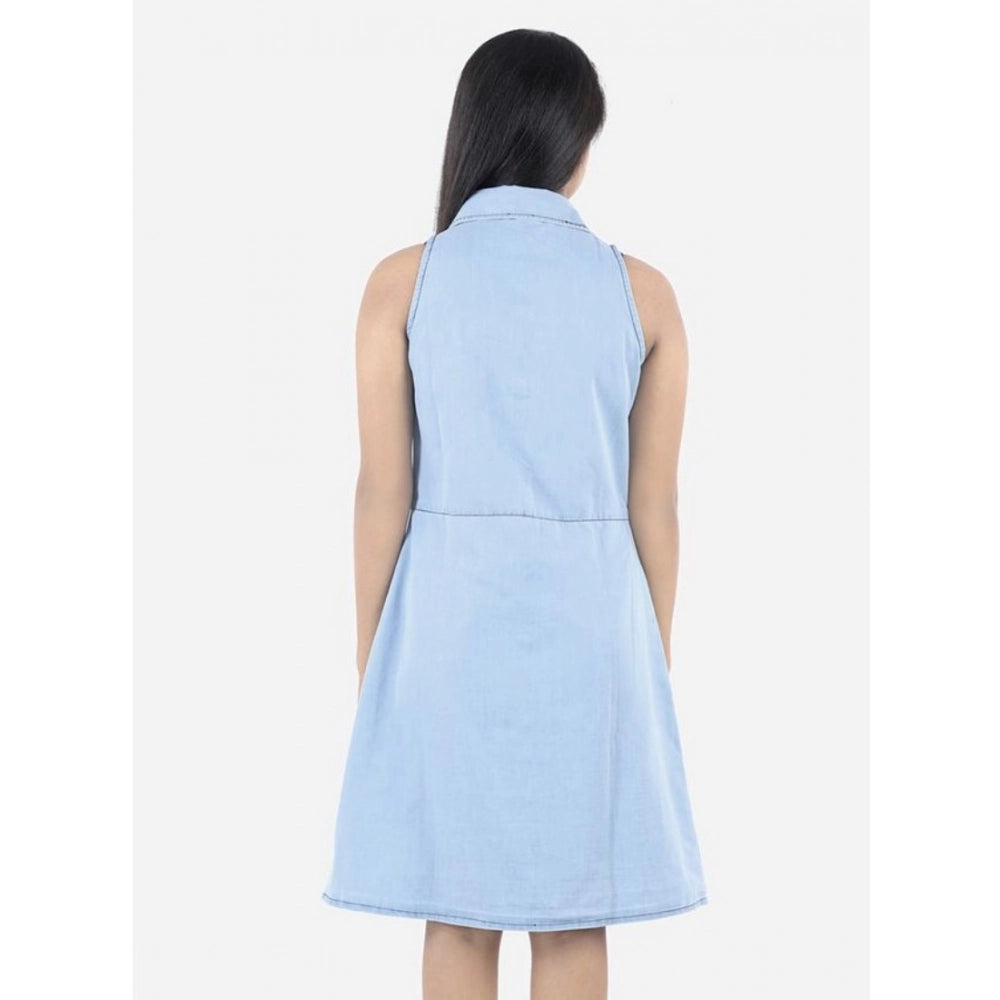 Girl's Denim Solid Sleeveless Shirt collar Dress (Blue)