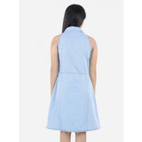 Girl's Denim Solid Sleeveless Shirt collar Dress (Blue)
