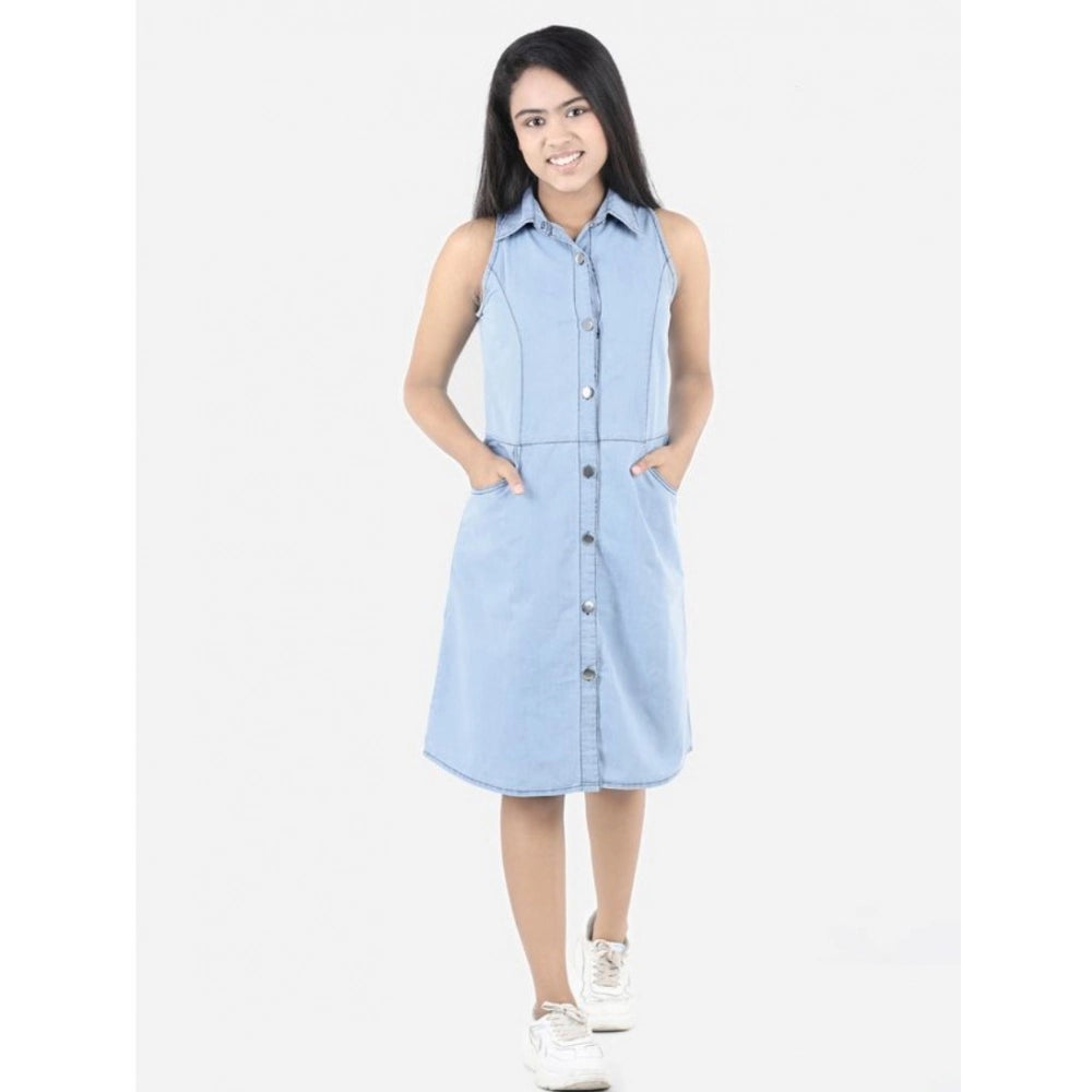 Girl's Denim Solid Sleeveless Shirt collar Dress (Blue)