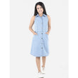 Girl's Denim Solid Sleeveless Shirt collar Dress (Blue)