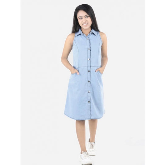 Girl's Denim Solid Sleeveless Shirt collar Dress (Blue)