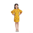 Girl's Polyester Crepe Floral Printed Long Sleeve Round Neck Dress (Yellow)