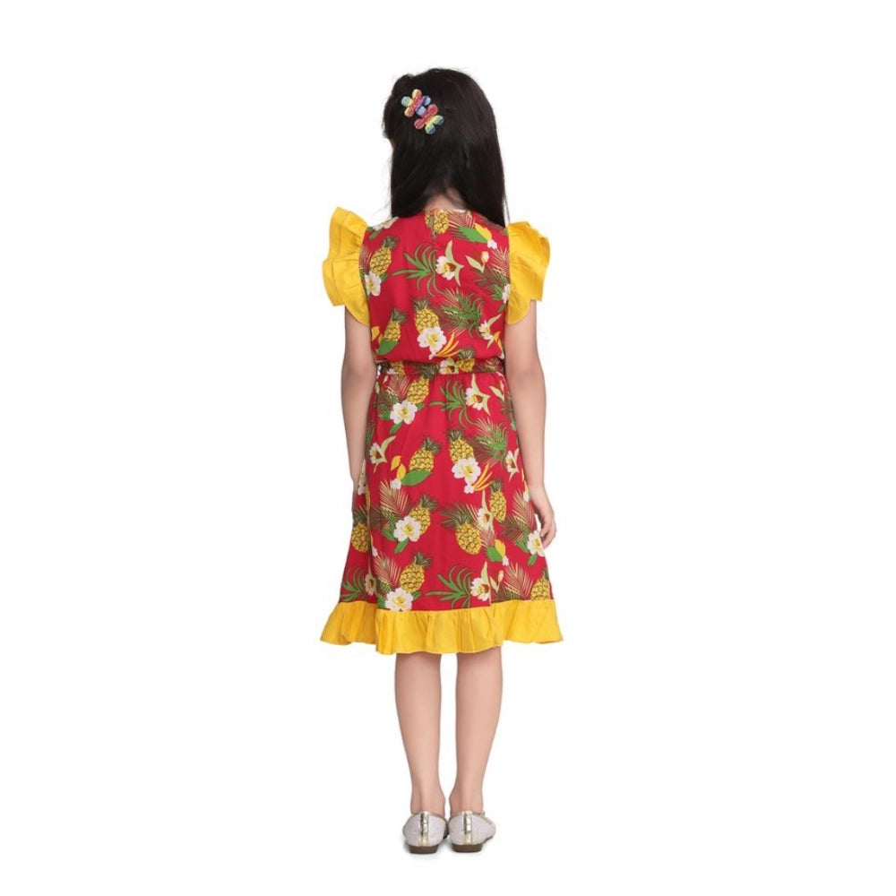 Girl's Cotton Printed Cold Shoulder V-Neck Dress (Pink)
