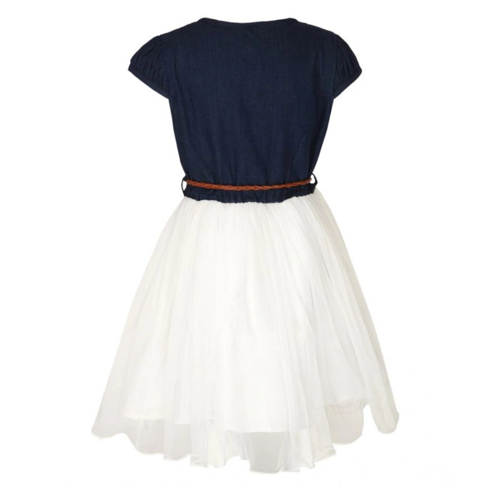 Girl's Denim Embroidery Short Sleeve Round Neck Dress (White)