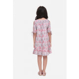 Girl's Cotton Floral Printed Sleeveless Round Neck Dress (Pink)