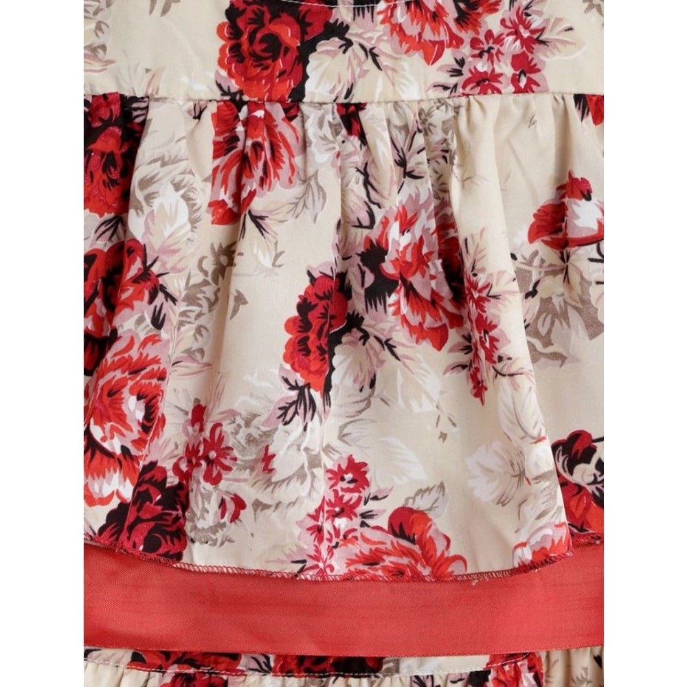 Girl's Polyester Crepe Printed Short Sleeve Cold Shoulder Neck Dress (Cream-Red)