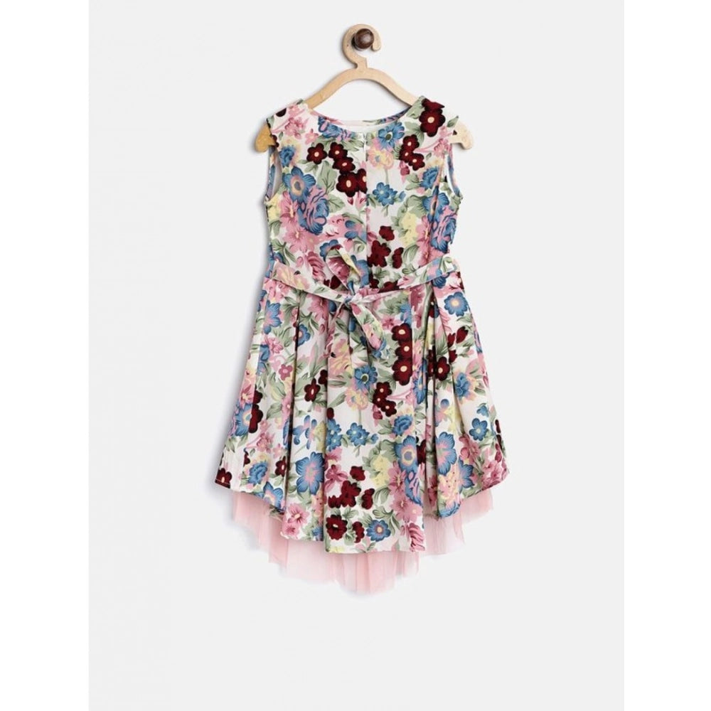 Girl's Polyester Crepe Printed Short Sleeve Round Neck Dress (Multicolor)