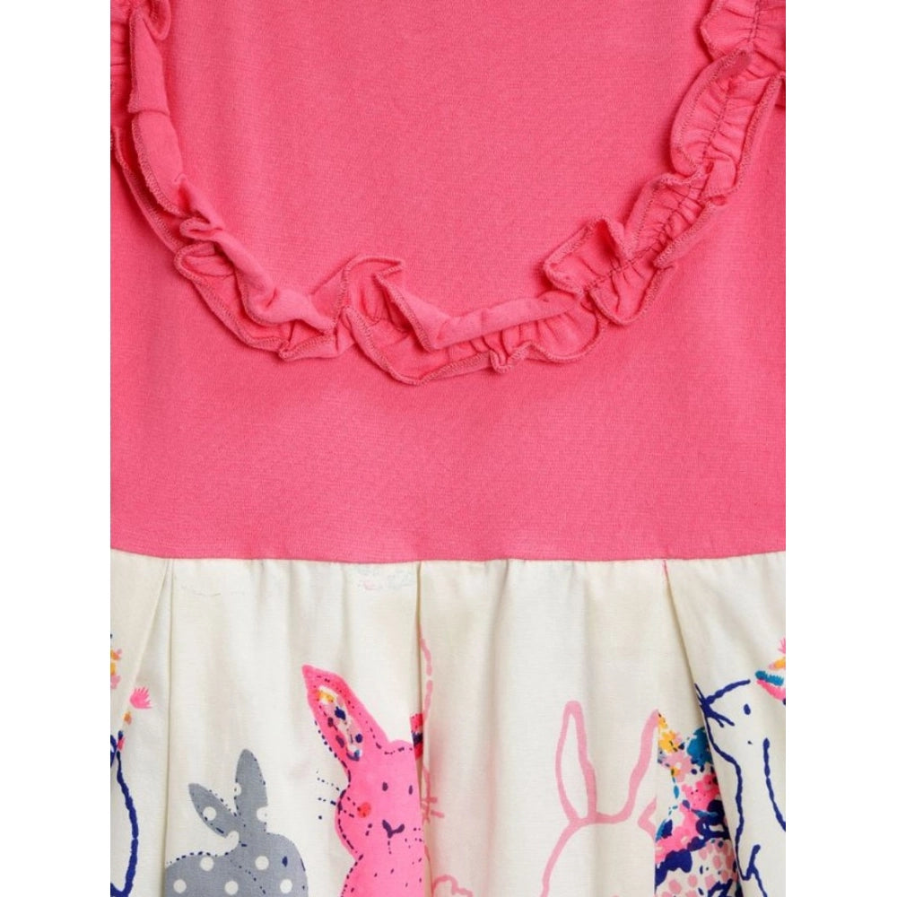 Girl's Cotton Printed Short Sleeve Round Neck Dress (Pink-White)