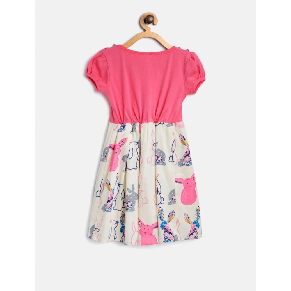 Girl's Cotton Printed Short Sleeve Round Neck Dress (Pink-White)