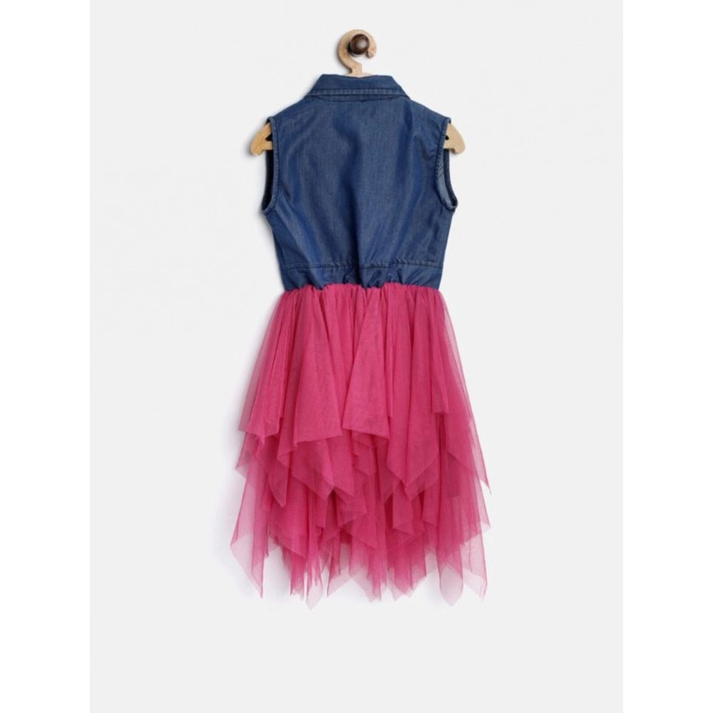 Girl's Polyester Crepe-Net Solid Shoulder Straps Shirt collar Dress (Blue-Pink)