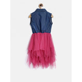 Girl's Polyester Crepe-Net Solid Shoulder Straps Shirt collar Dress (Blue-Pink)
