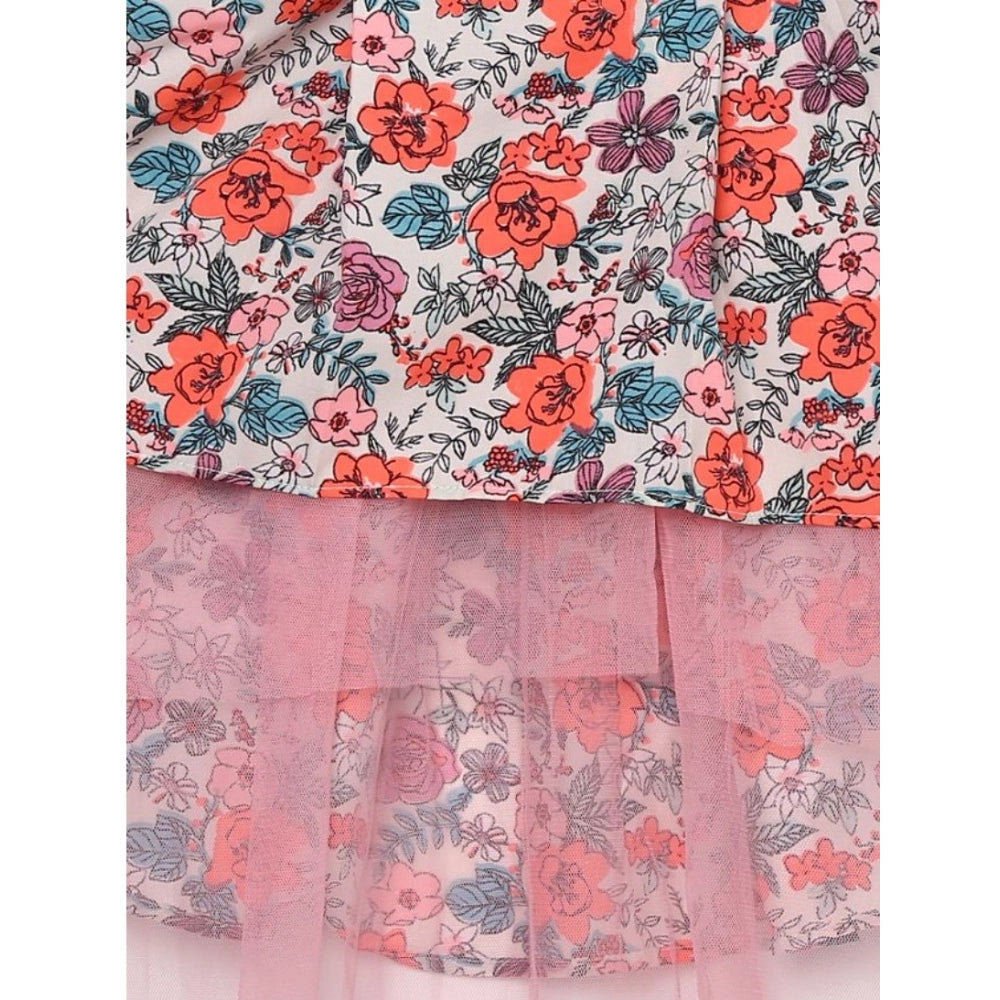 Girl's Polyester Crepe Printed Sleeveless Round Neck Dress (Multicolor)