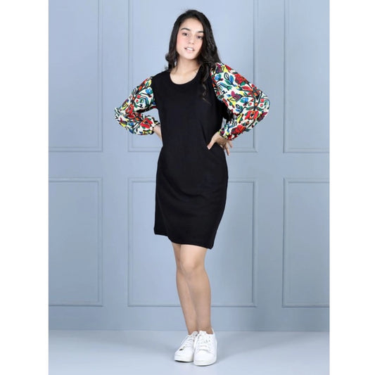 Girl's Polyester Printed Long Sleeve Round Neck Dress (Multicolor)