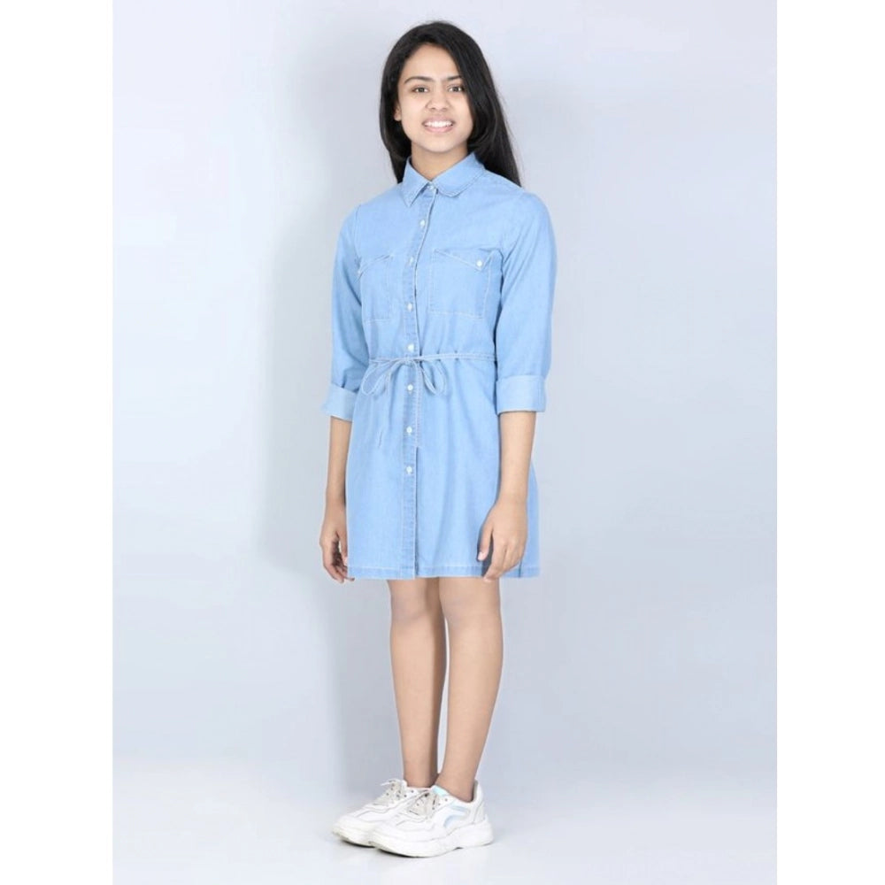 Girl's Denim Solid Long Sleeve Shirt collar Dress (Blue)