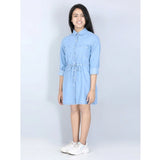 Girl's Denim Solid Long Sleeve Shirt collar Dress (Blue)