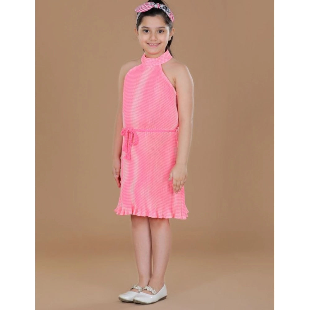 Girl's Polyester Crepe Printed Sleeveless Round Neck Dress (Pink)