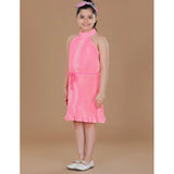 Girl's Polyester Crepe Printed Sleeveless Round Neck Dress (Pink)