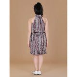Girl's Polyester Crepe Printed Sleeveless Round Neck Dress (Black-Pink)