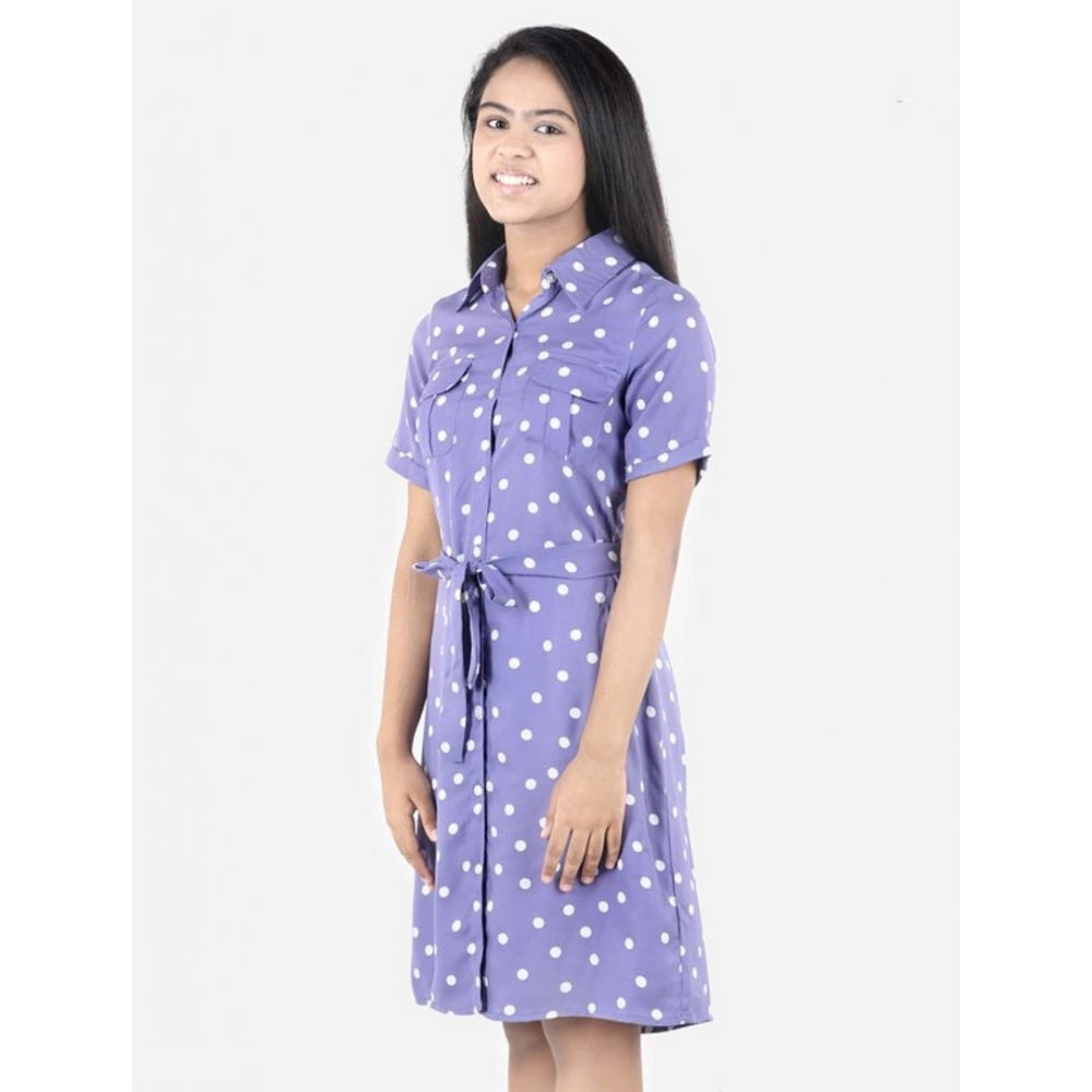 Girl's Polyester Printed Short Sleeve Shirt collar Dress (Lavender)