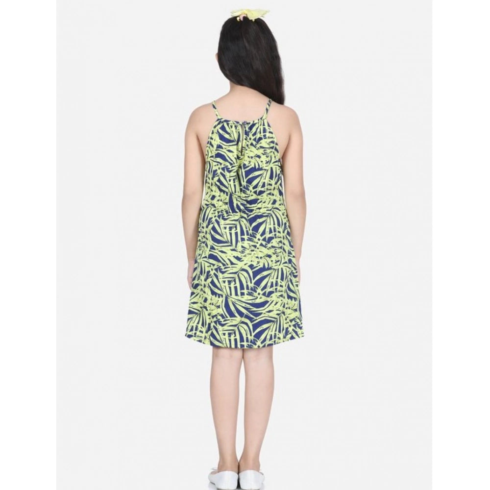 Girl's Polyester Floral Printed Short Sleeve Round Neck Dress (Blue-Yellow)