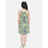 Girl's Polyester Floral Printed Short Sleeve Round Neck Dress (Blue-Yellow)