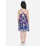 Girl's Rayon Printed Sleeveless Round Neck Dress (Blue)