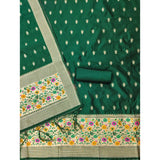 Generic Women's Banarasi Silk Printed Unstitched Salwar Suit Material With Dupatta (Bottle Green, 3Mtrs)