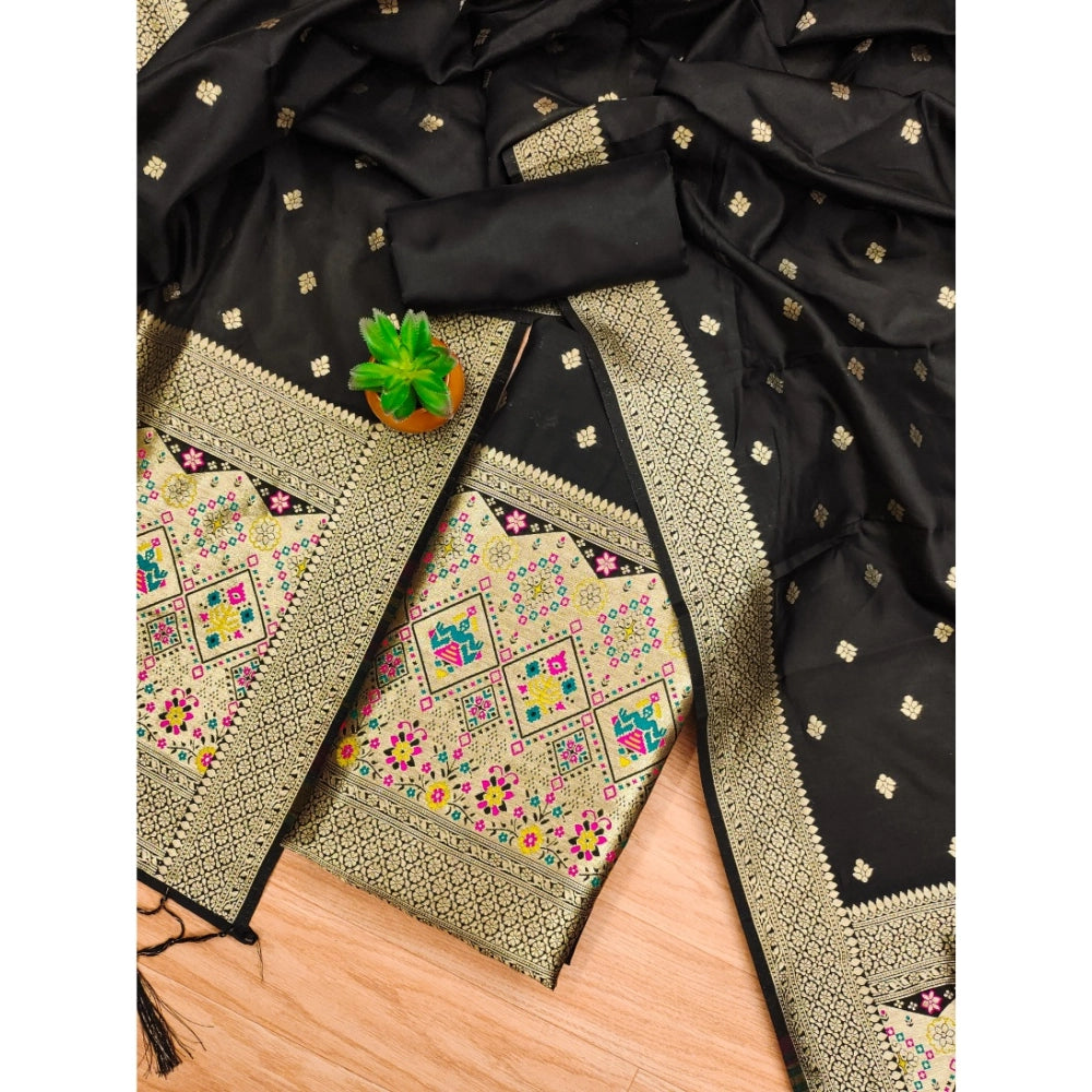 Generic Women's Banarasi Silk Printed Unstitched Salwar Suit Material With Dupatta (Black, 3Mtrs)