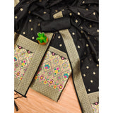 Generic Women's Banarasi Silk Printed Unstitched Salwar Suit Material With Dupatta (Black, 3Mtrs)