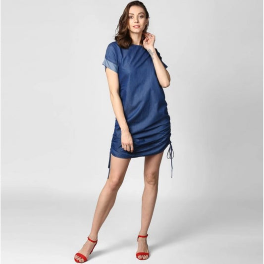 Women's Denim Solid Close Neck Short Sleeve Dress (Blue)