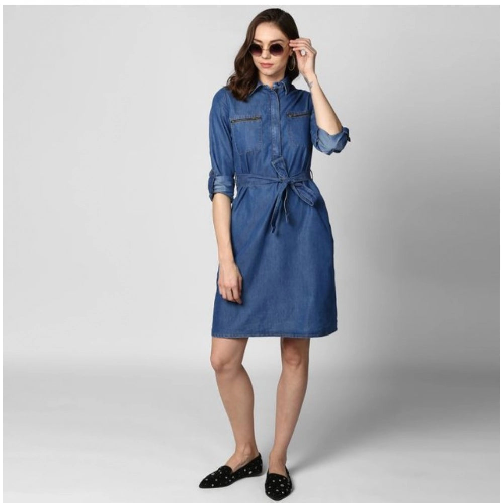 Women's Denim Solid Collar Neck Roll Up Sleeve Dress (Blue)