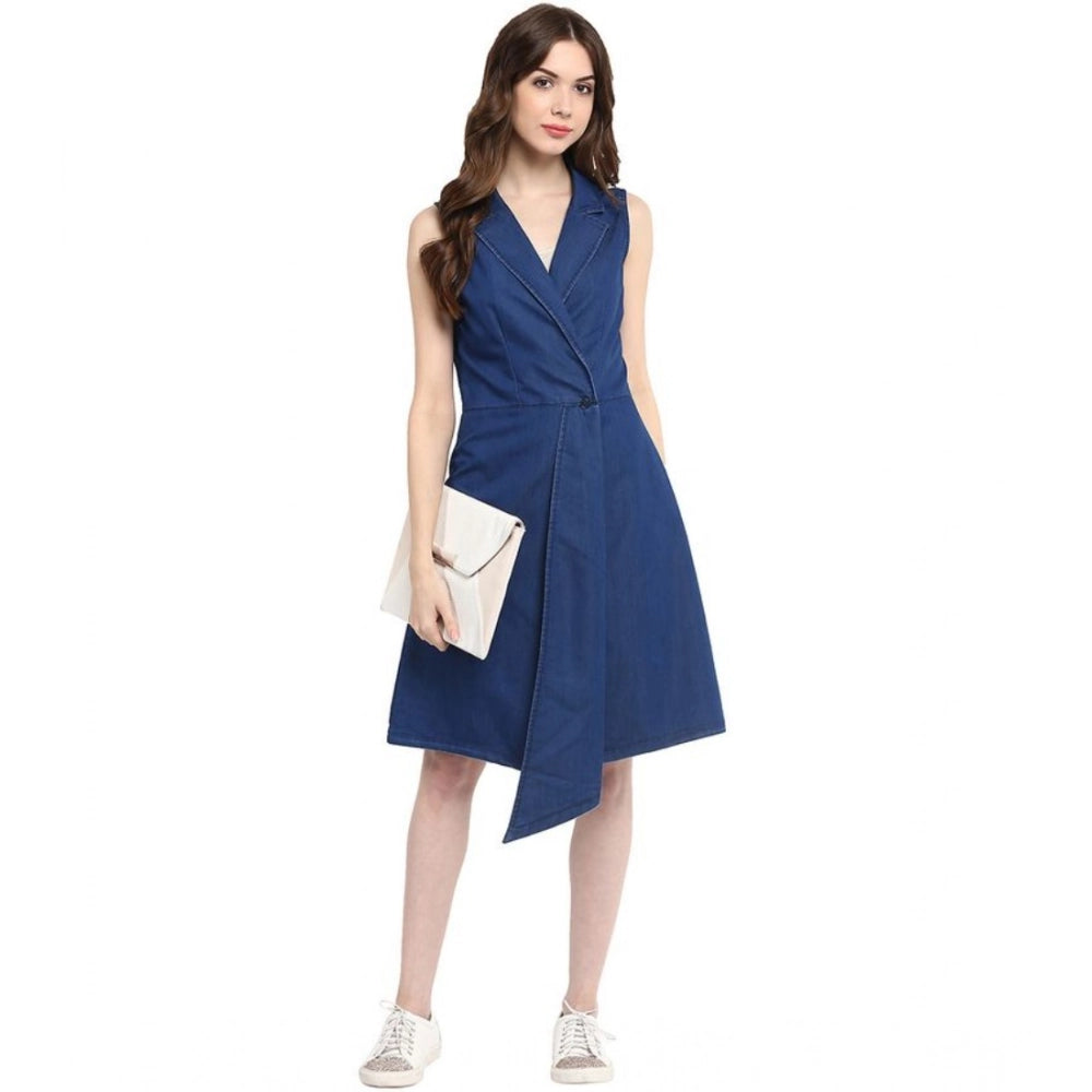 Women's Denim Solid Collar Neck Sleeveless Dress (Blue)